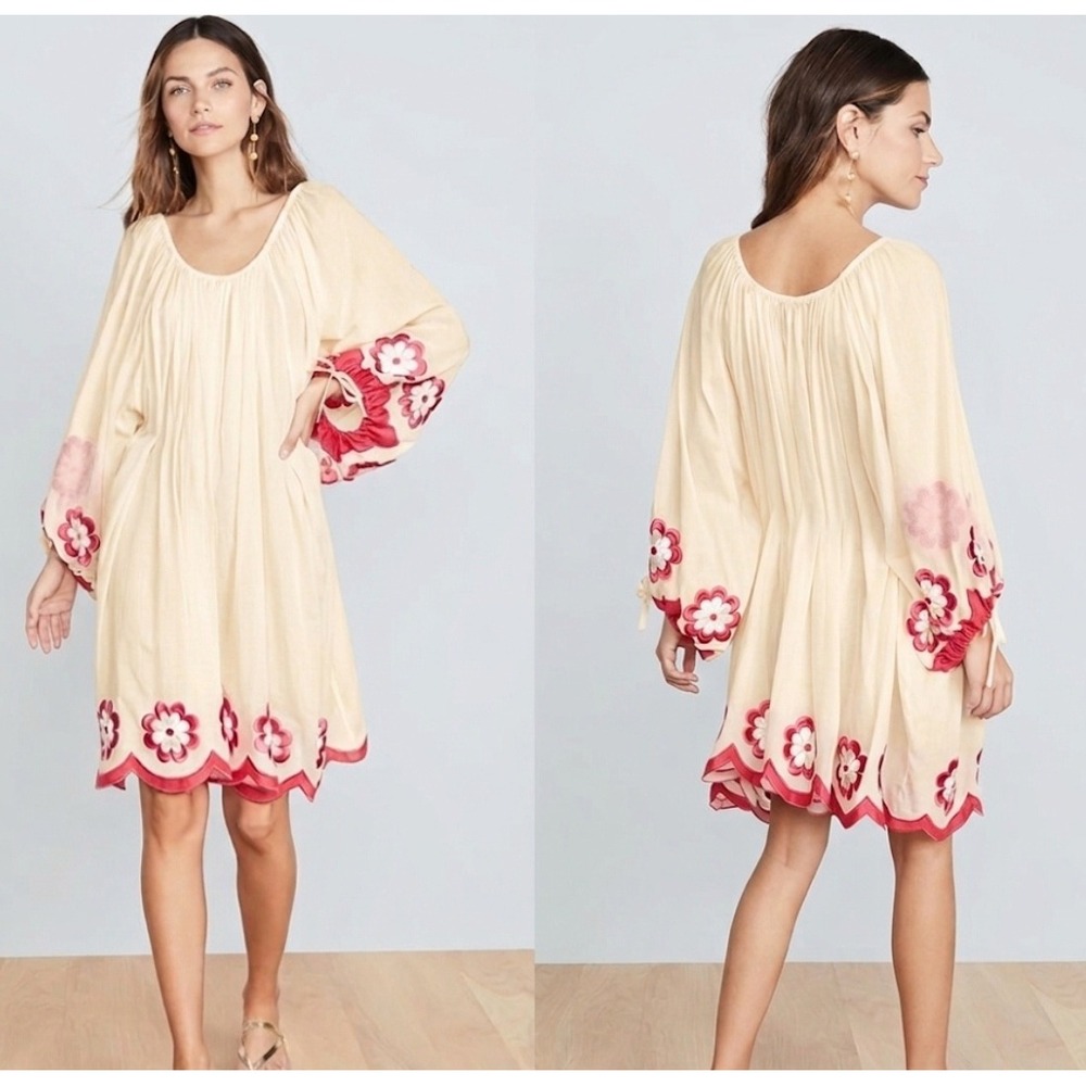 Innika Choo Frida Burds Dress Cream Red Embroidered Scallop Sheer Cotton Size 2
